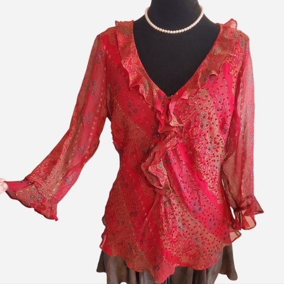 VTG Y2K Red 100% Silk Beaded Sequin Ruffle Top Fairy Whimsical Whimsigoth Size L